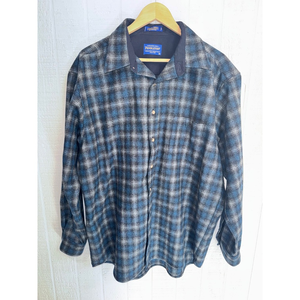 Pendleton Lodge Shirt Mens Blue Grey Plaid USA Virgin Wool 1959 Archive XL